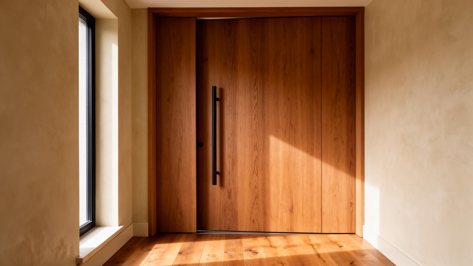 Timber pivot door in a contemporary architectural entry